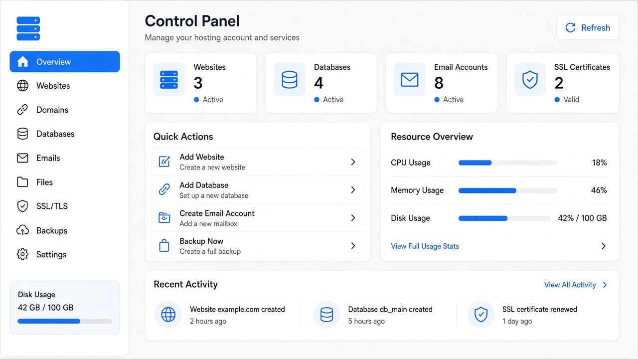 Illustration of a clean hosting control panel for managing websites and email.